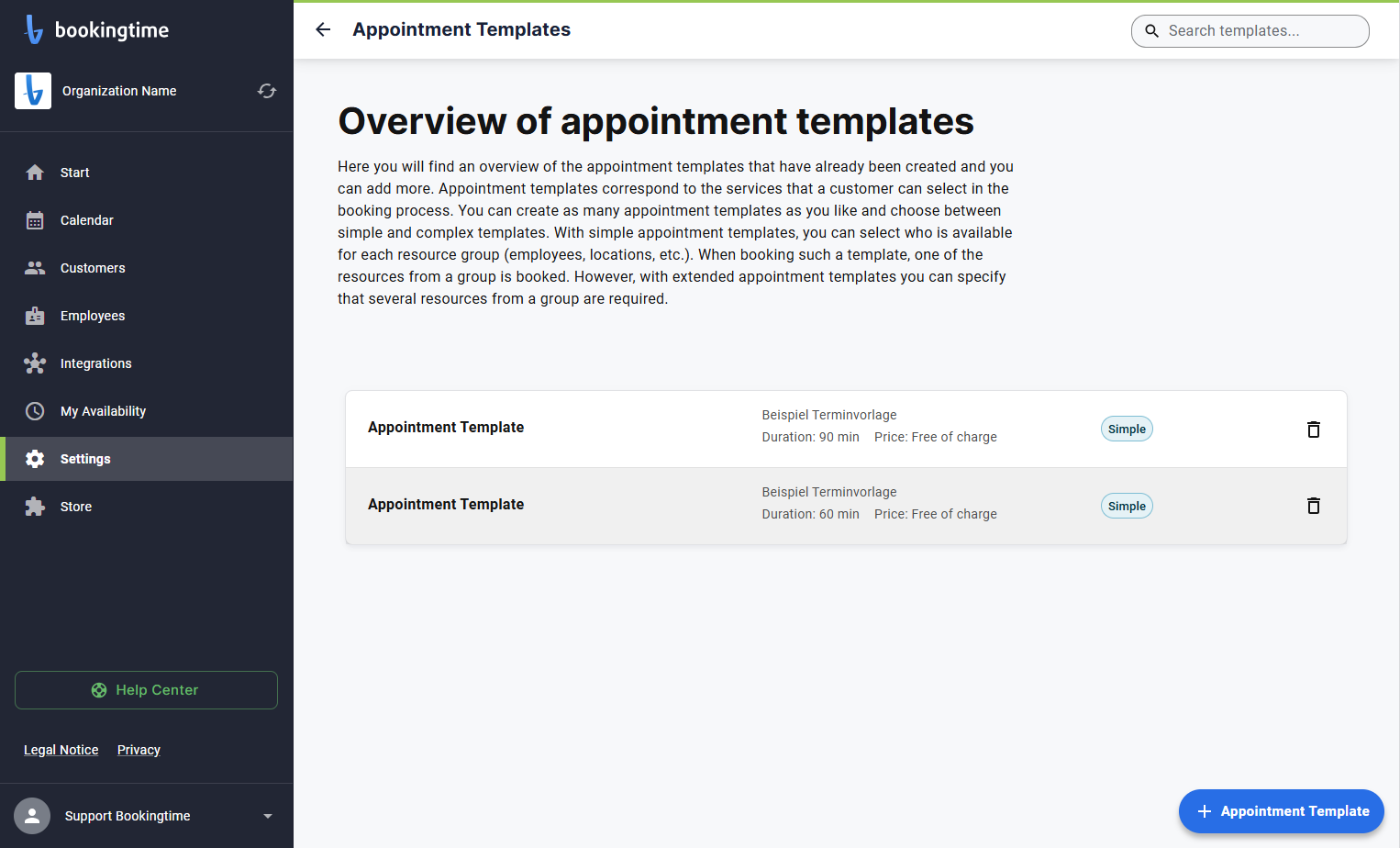 Click on the appointment template you wish to edit.