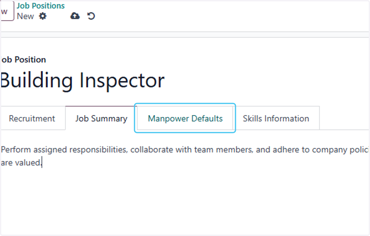 Click on Manpower Defaults if you want to add default Manpower
