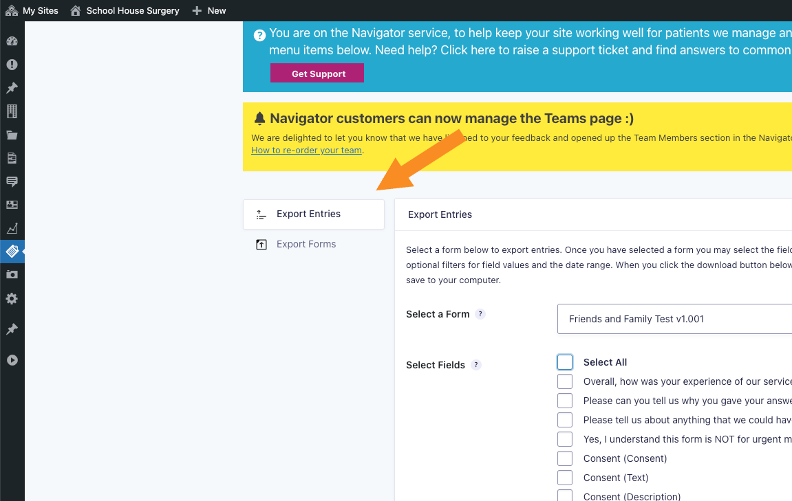 Export Entries section