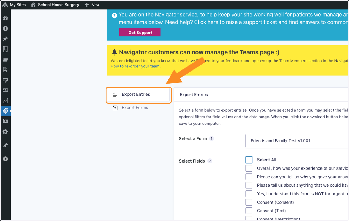 Export Entries section