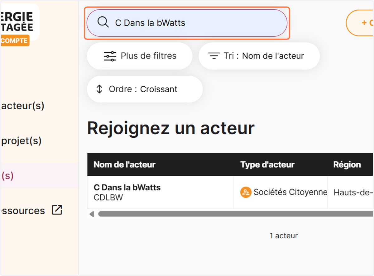 Chercher le nom de votre acteur dans la barre de recherche