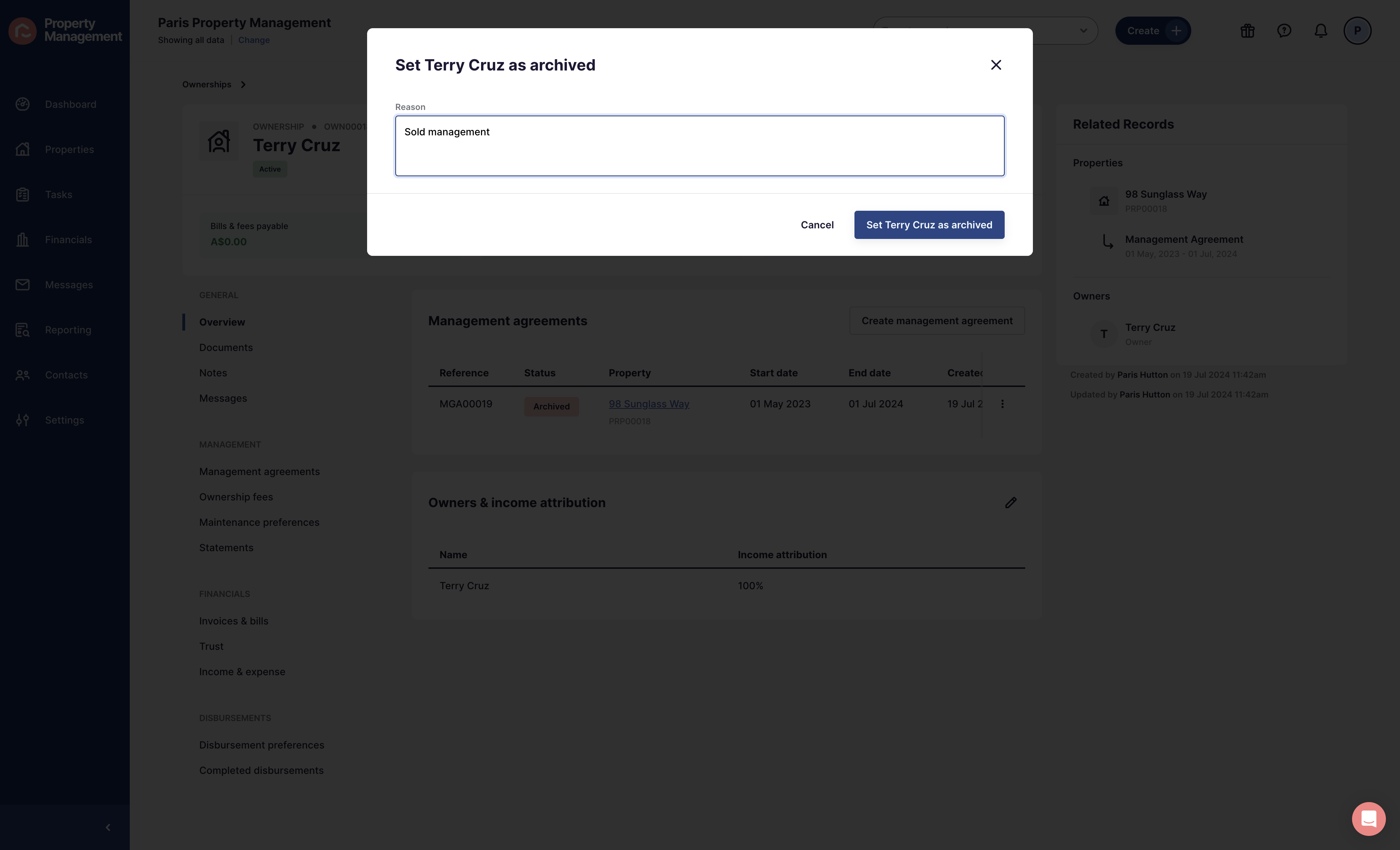 Add the reason and set record as Archived
