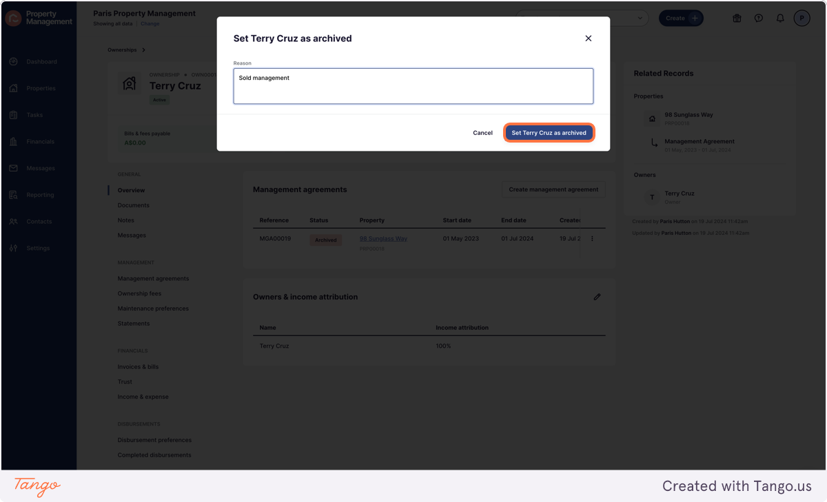 Add the reason and set record as Archived