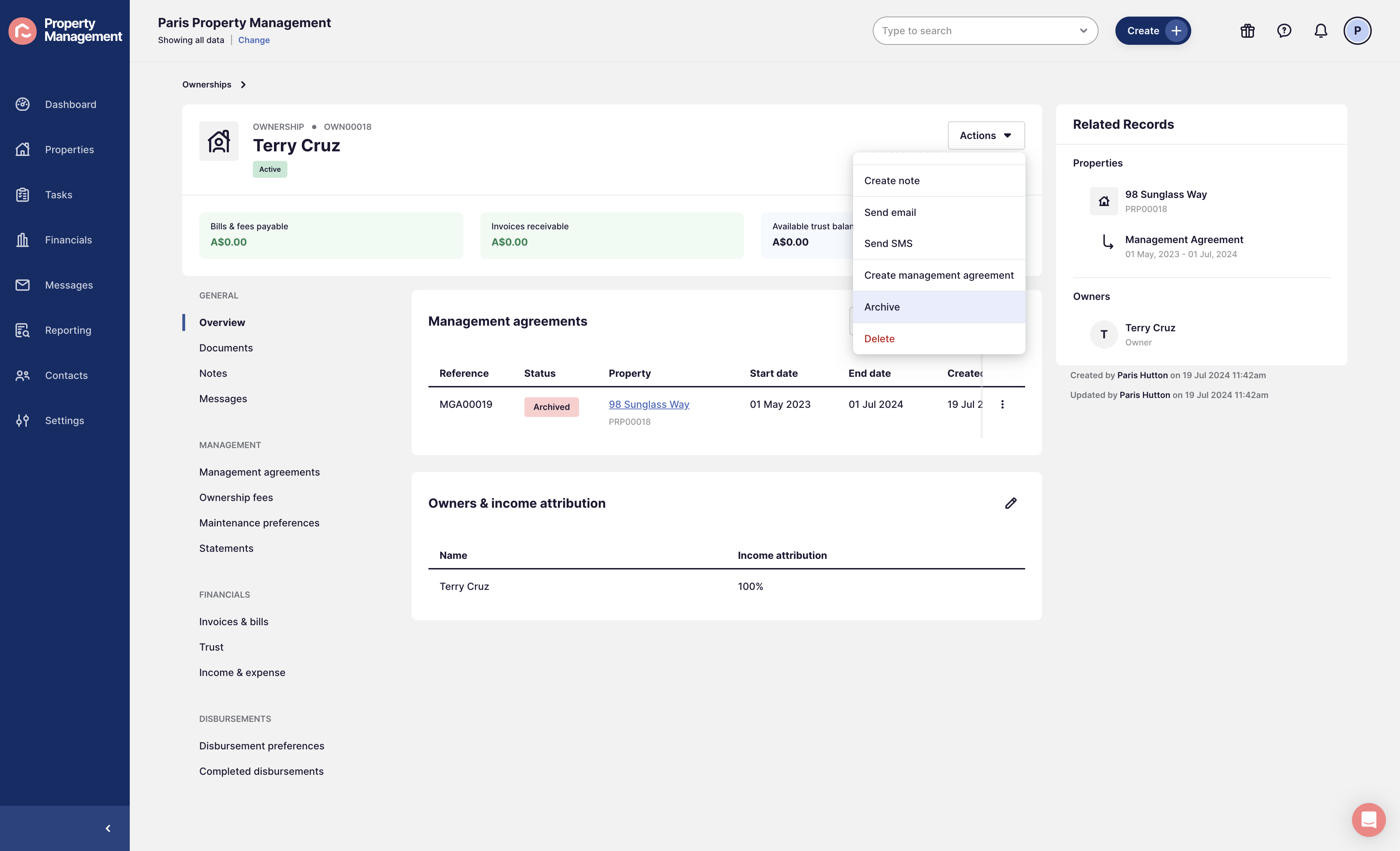 Go back to the Ownership Record and press Actions > Archive