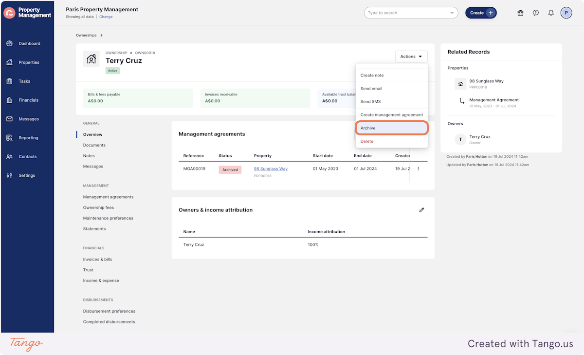 Go back to the Ownership Record and press Actions > Archive