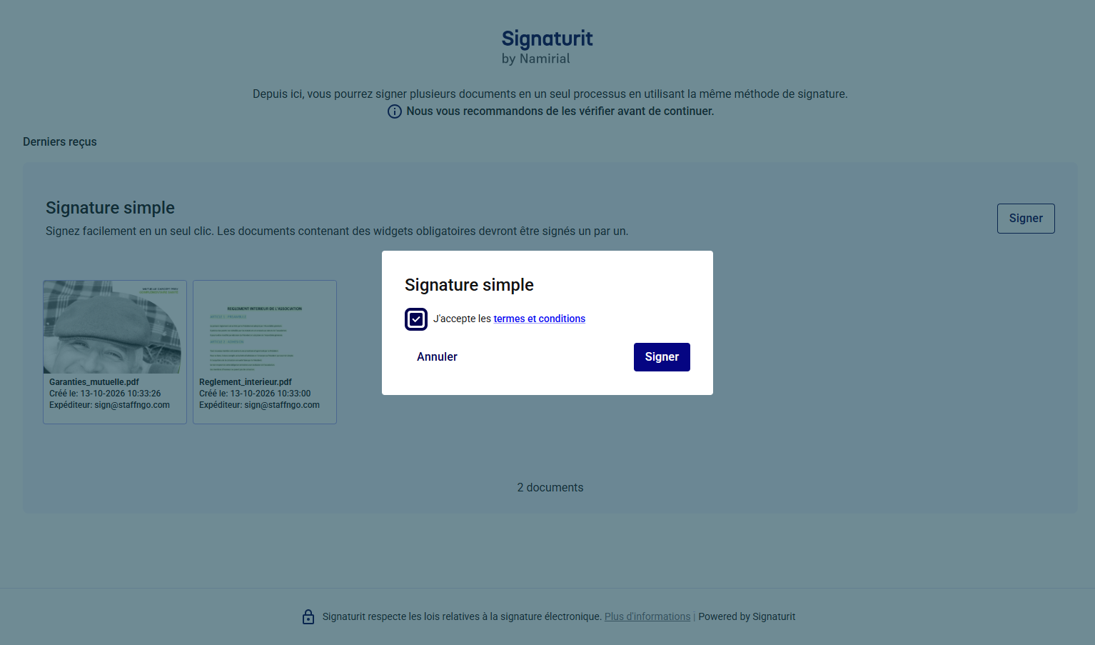 A. Poursuivre en acceptant les termes et conditions: B. Cliquer sur Signer