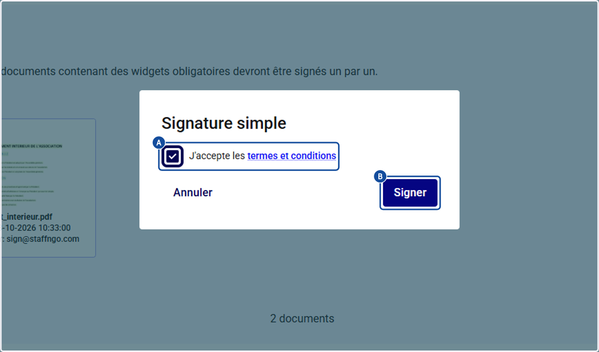 A. Poursuivre en acceptant les termes et conditions: B. Cliquer sur Signer