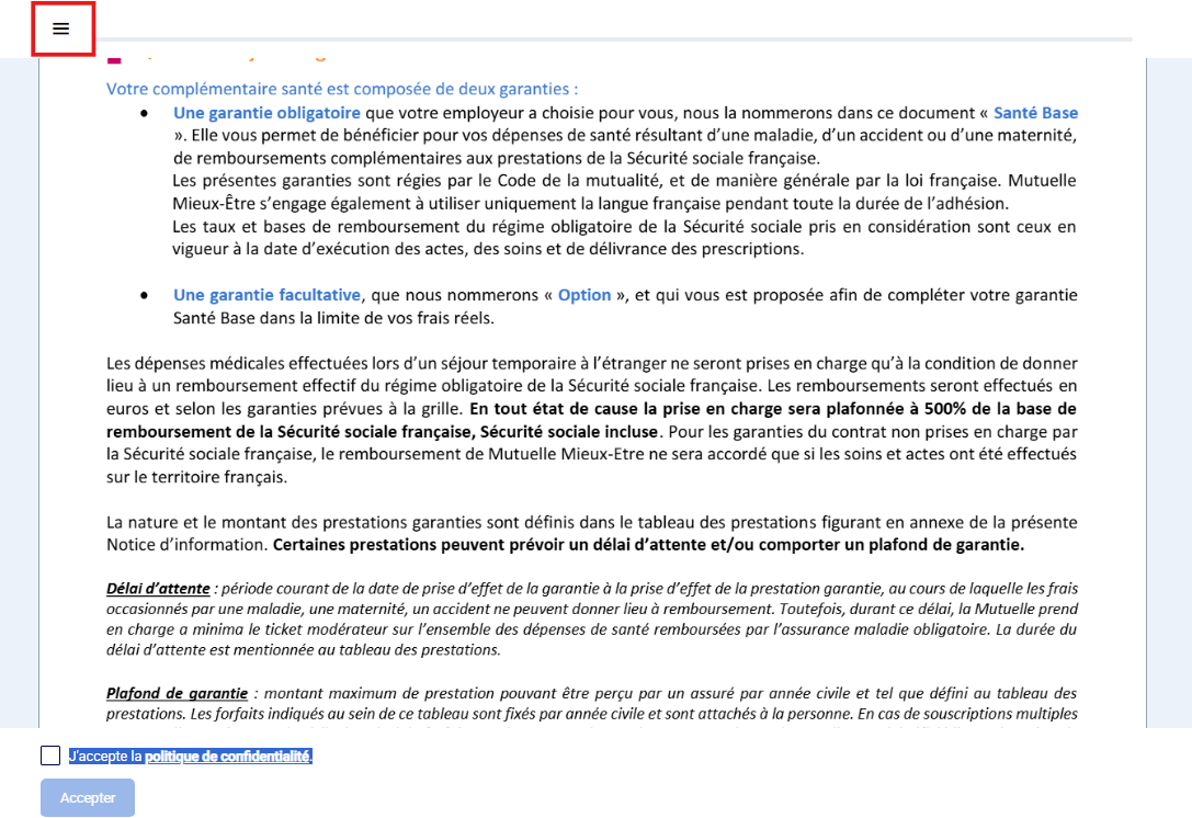 Une fois sur le document à signer, il faut cliquer sur le menu ☰ pour accéder à la liste des actions.