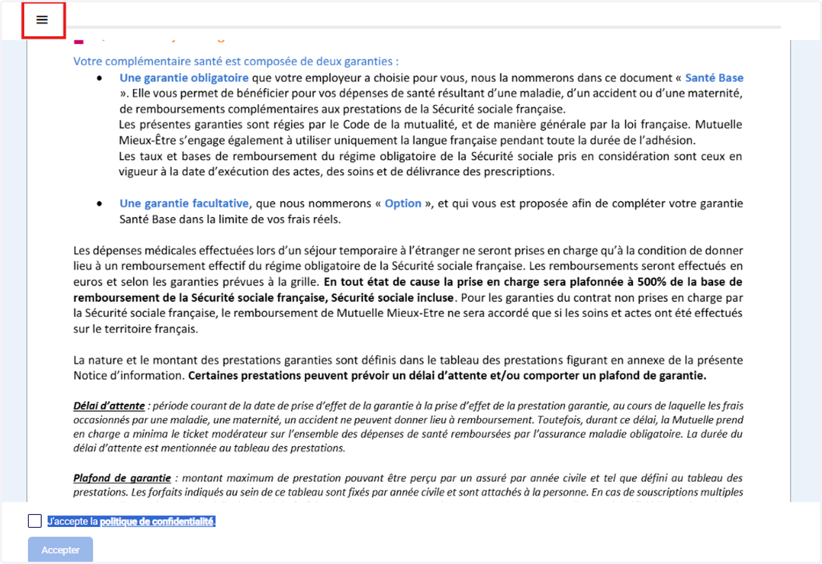 Une fois sur le document à signer, il faut cliquer sur le menu ☰ pour accéder à la liste des actions.