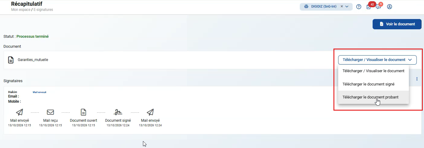 En accédant à chacune des E-signatures (Sur Staff & Go), il est possible de télécharger le document signé et également le document probant: