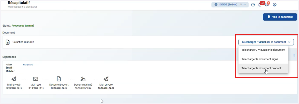 En accédant à chacune des E-signatures (Sur Staff & Go), il est possible de télécharger le document signé et également le document probant: