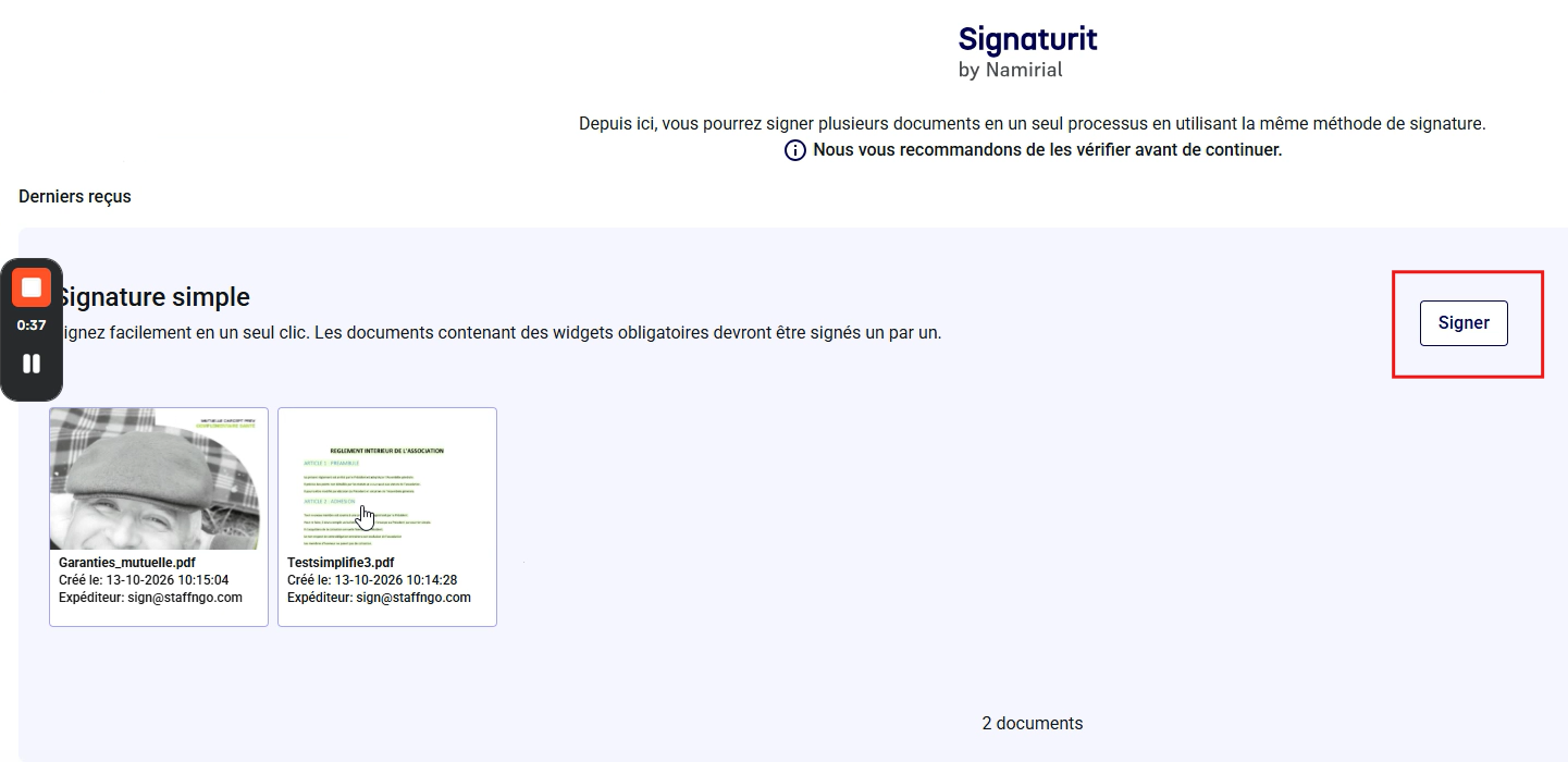 La liste des documents en attente de signature s'affiche.