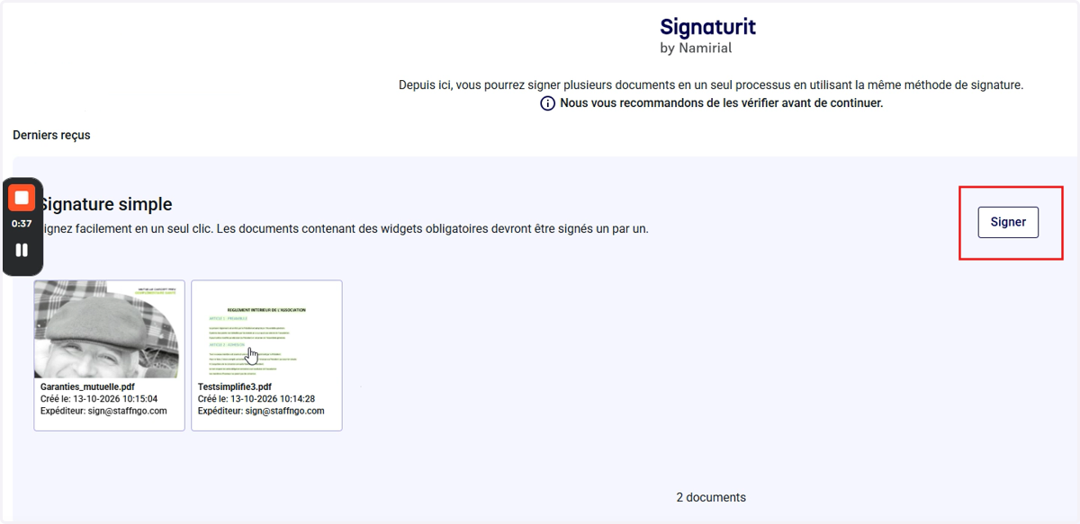 La liste des documents en attente de signature s'affiche.