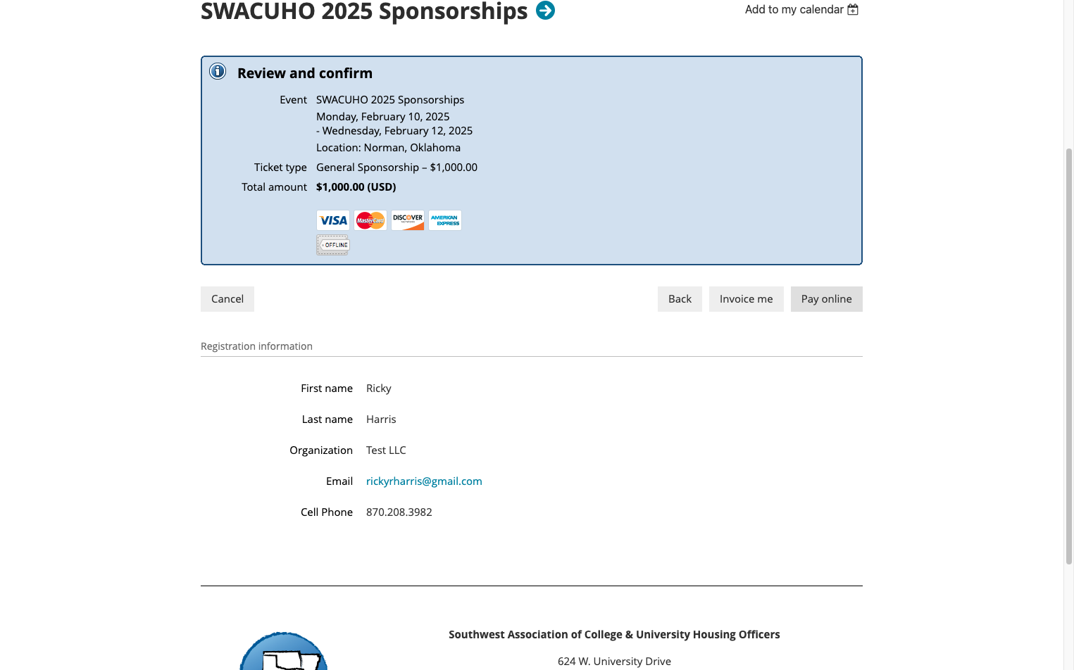 Click on Invoice me to pay via check OR Pay online to pay via card