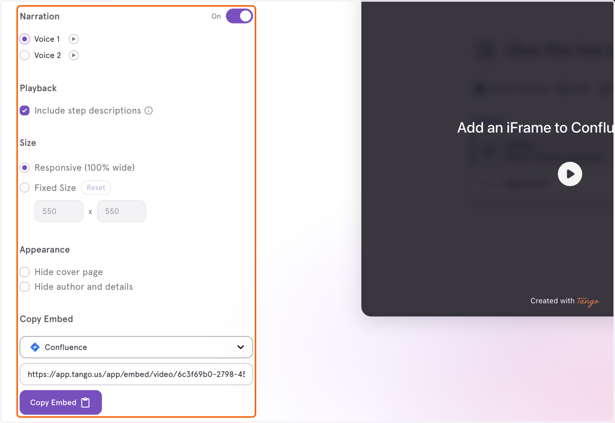 Select the desired options for the Video Embed