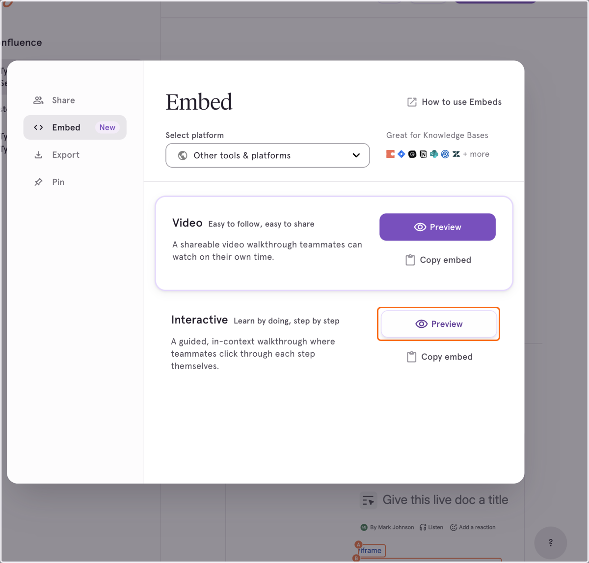 Click on the "Preview" button for Interactive Embeds