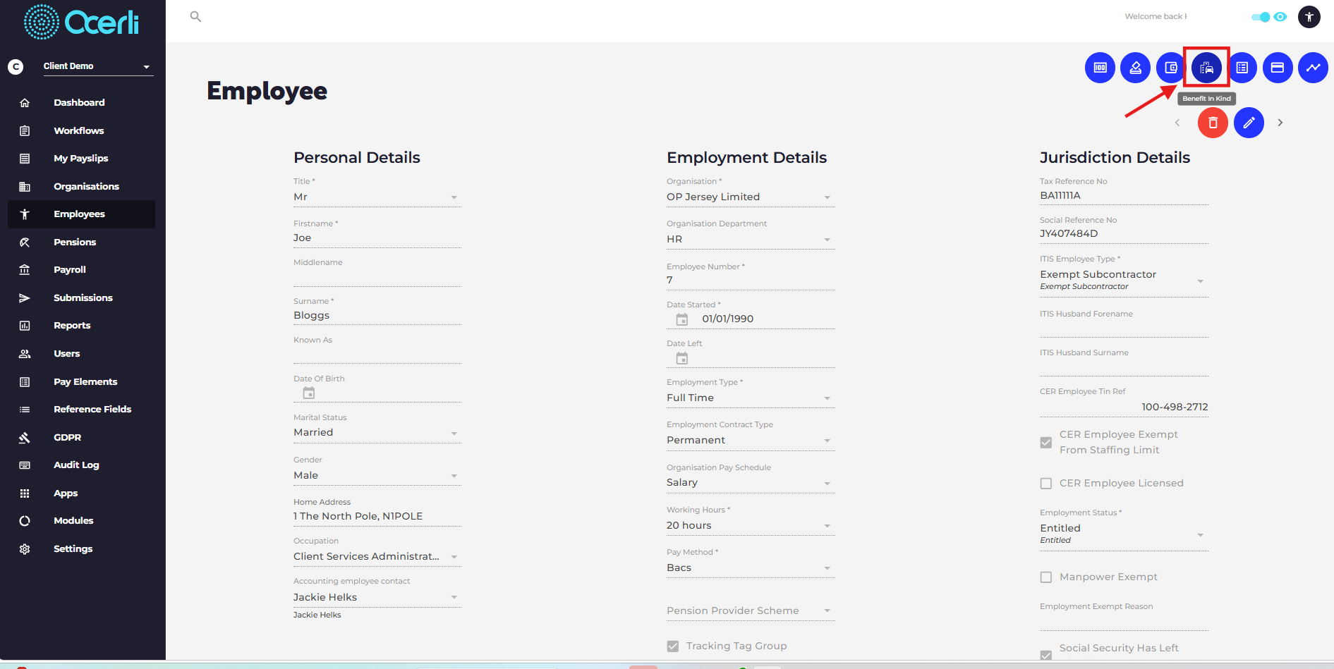 Select the 'Benefits in Kind' icon at the top right of the employee screen