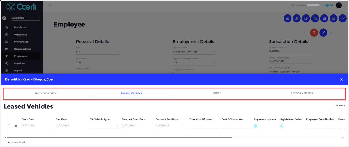 Add new record on any of these tabs and complete the form fields required. Accommodation, Leased Vehicles, Other, Owned Vehicles