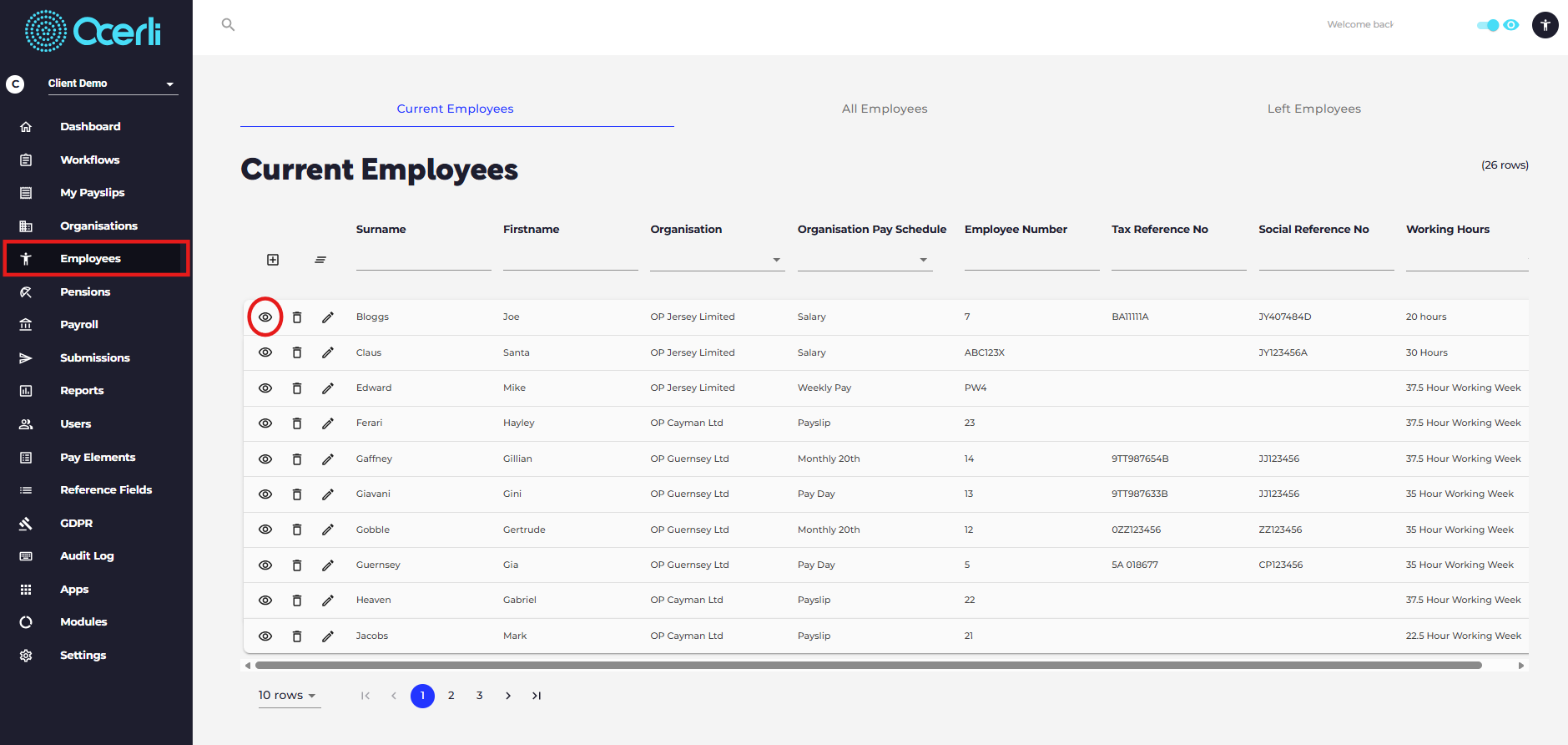 1. Navigate to the employees screen using the menu bar on the left hand side of the screen 2. Click the eye icon on an employee in the list to view and edit details.