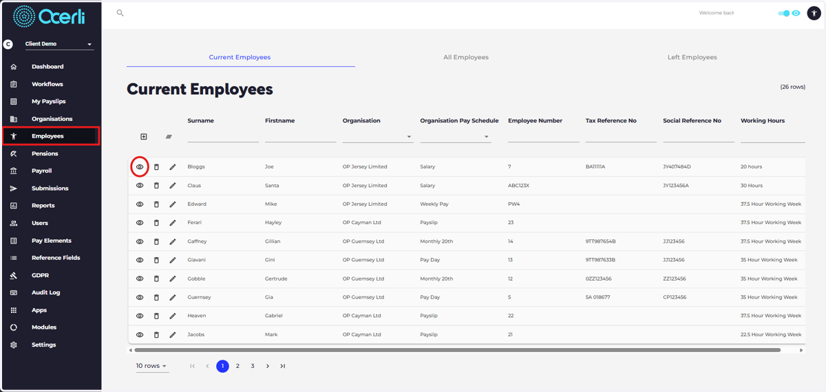 1. Navigate to the employees screen using the menu bar on the left hand side of the screen 2. Click the eye icon on an employee in the list to view and edit details.