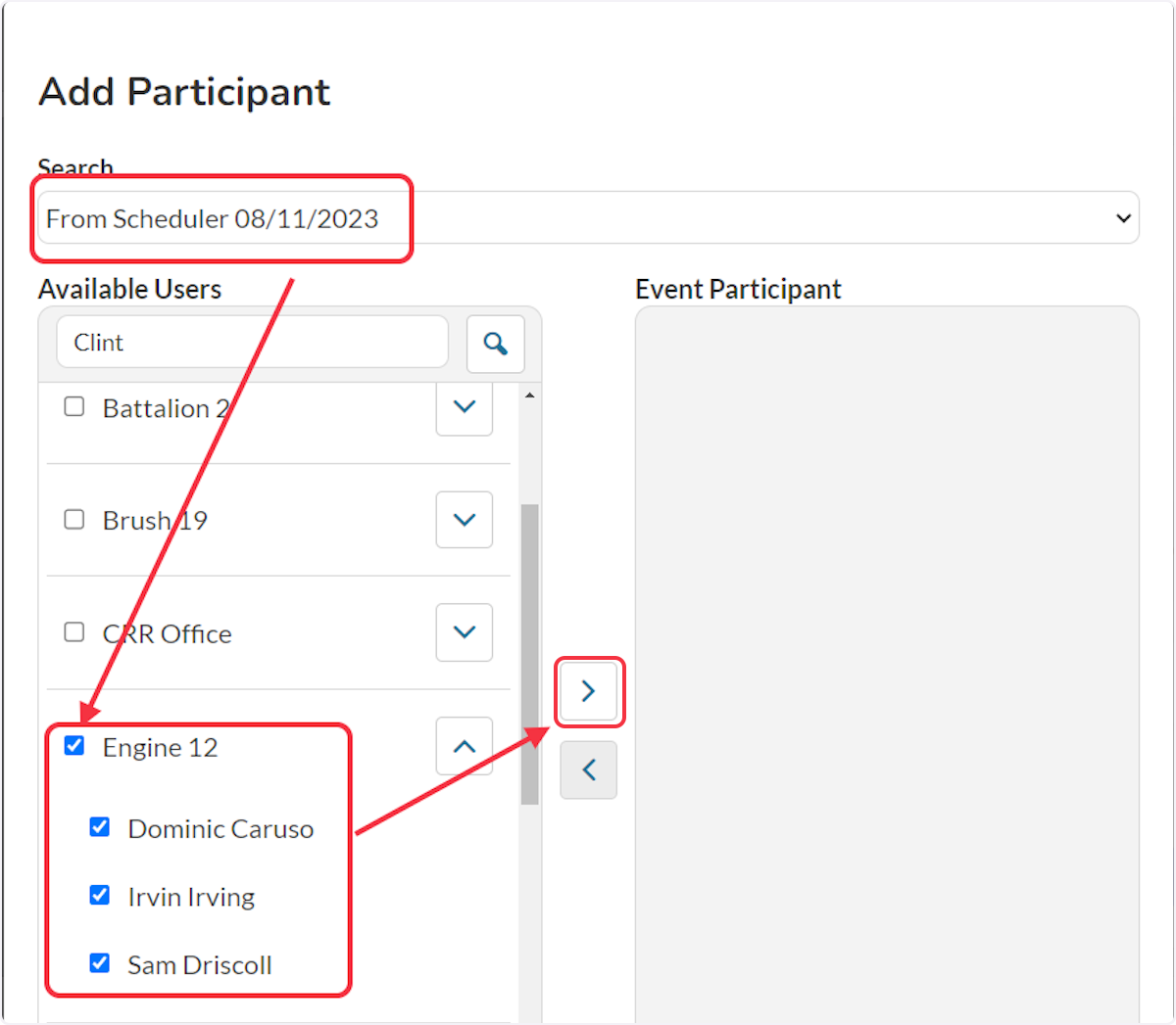 The ability to bulk add participants can be done by using the search bar to locate where participants will be pulled from.