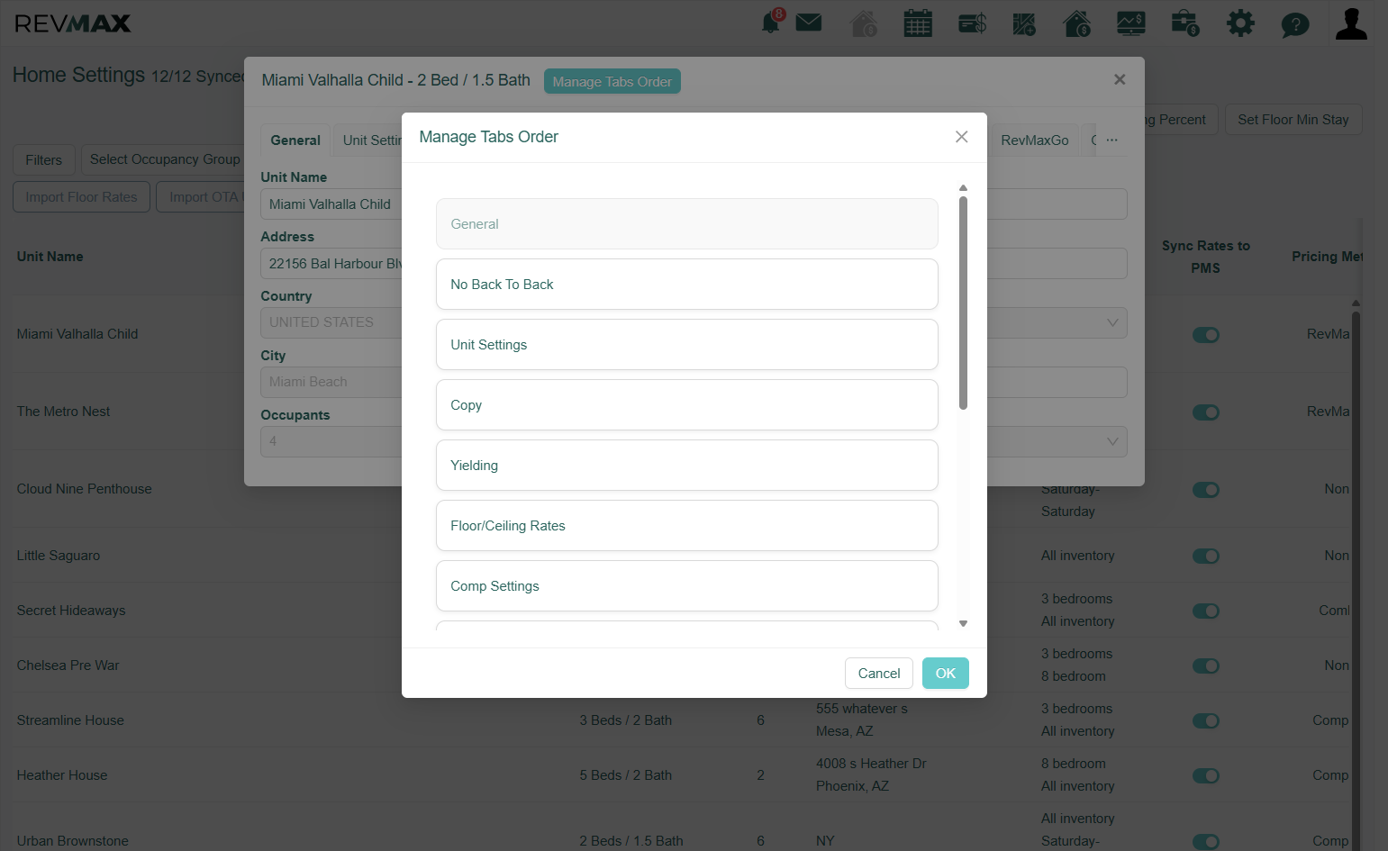 The General tab will always be first, but you can then drag each tab to the position you'd like it.