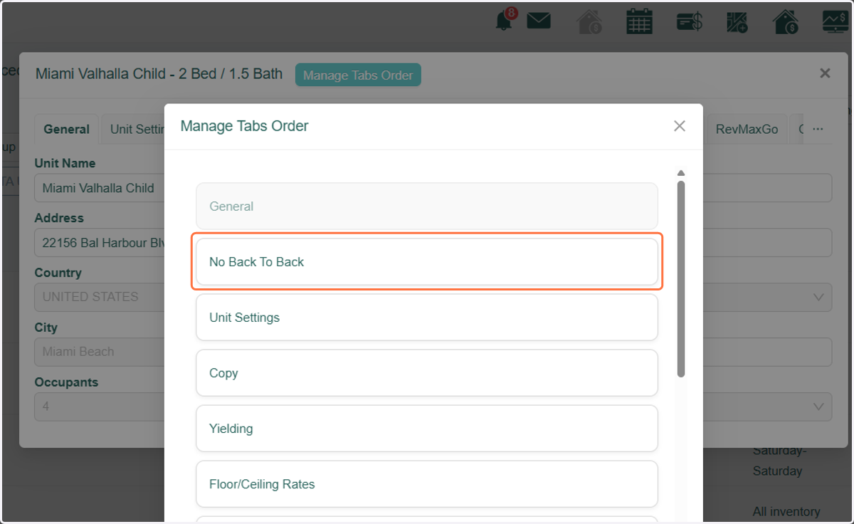 The General tab will always be first, but you can then drag each tab to the position you'd like it.