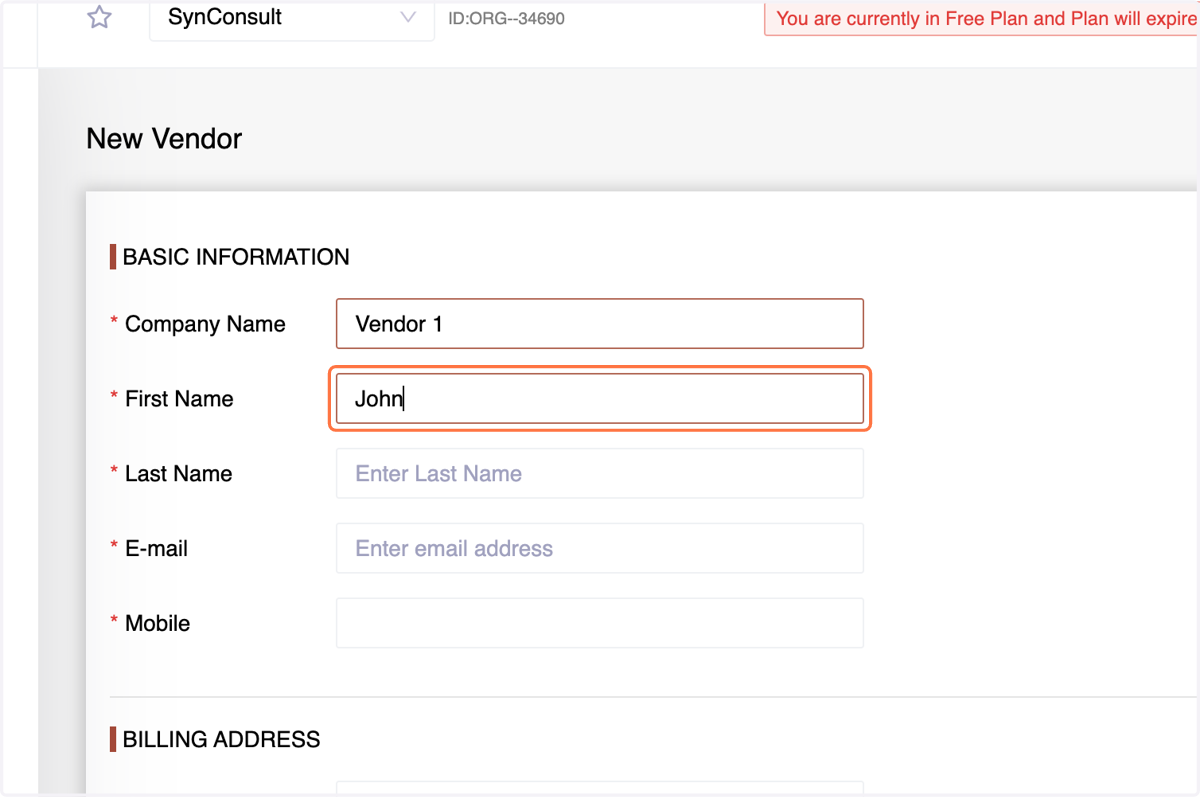 First Name: Provide the first names of the person you are dealing with in the vendor's company.