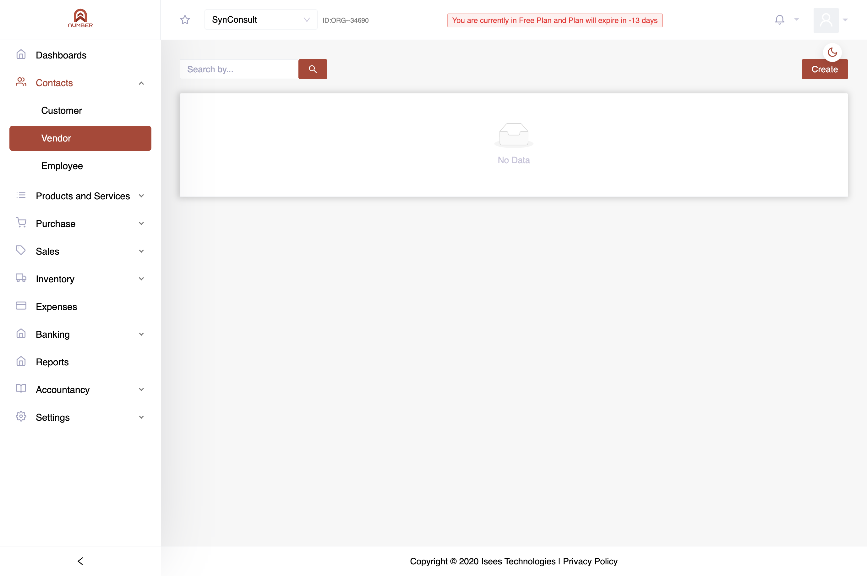 Once you're in the Vendors section, look for a button "Create " in the top right of the screen and click on it.