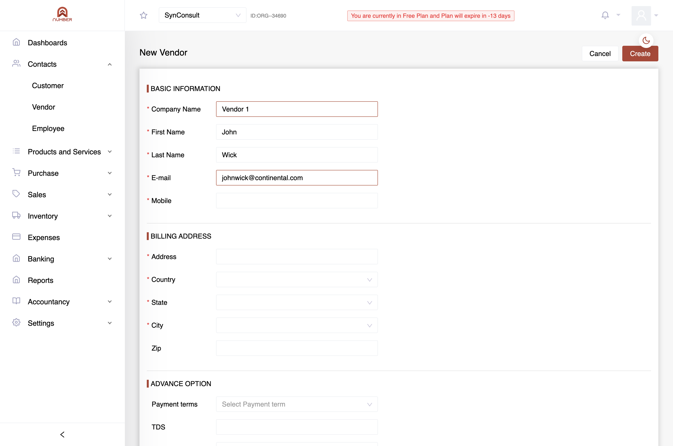 Email: Include the vendor's email address.