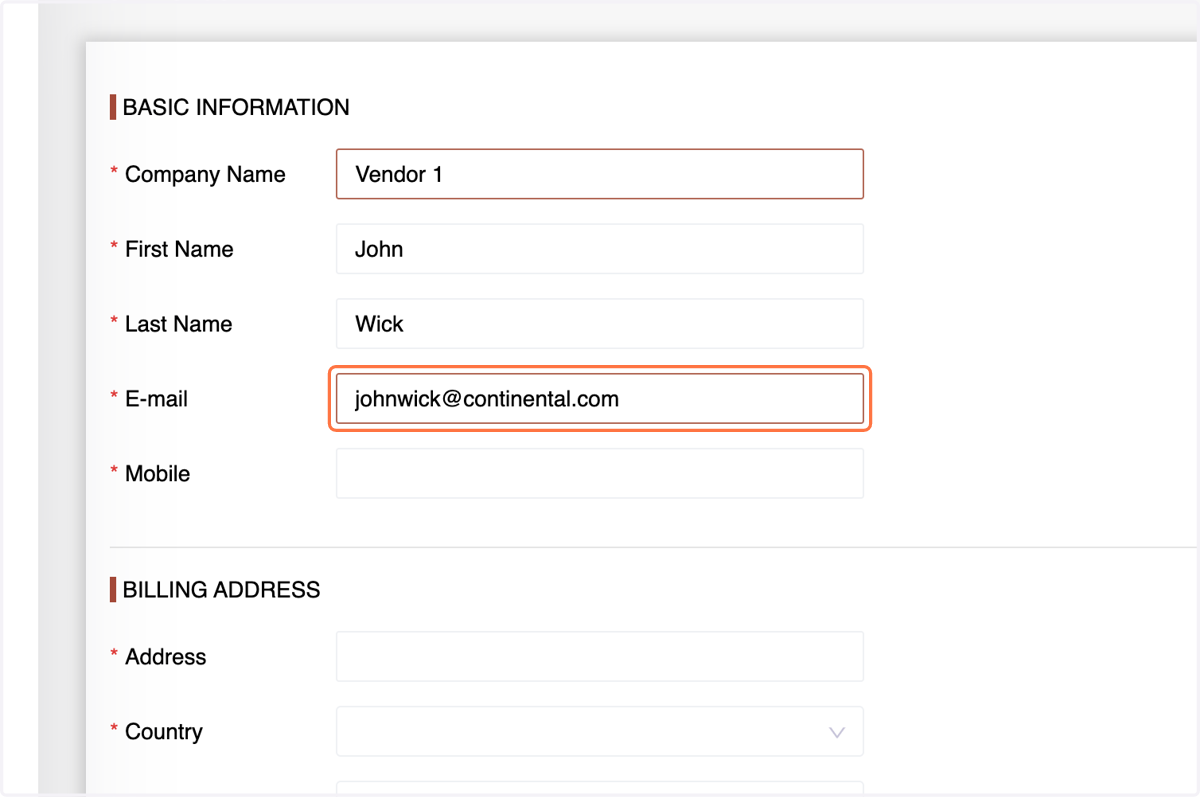 Email: Include the vendor's email address.