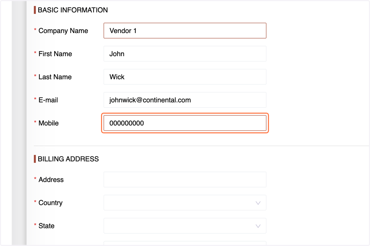 Phone Number: Enter the vendor's contact number.