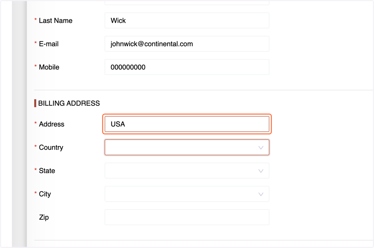 Begin by entering the street address, followed by the country, state, city, and zip code.