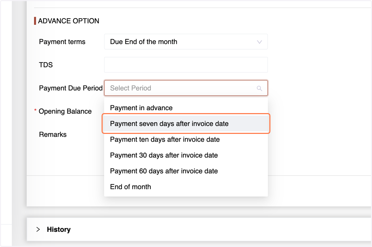Payment Due Period: Specify the period within which payments are due.