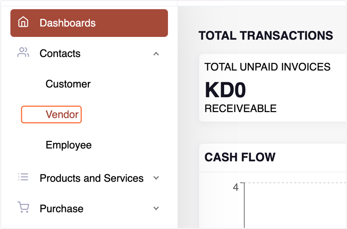 Within the Contact menu, find and click on the "Vendors" option. This section is dedicated to creating and managing vendor profiles.