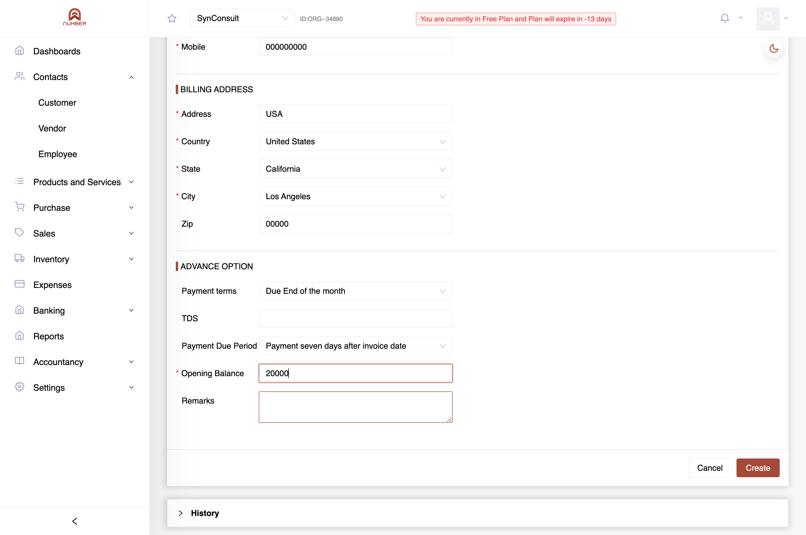 Opening Balance: If migrating from another system to the Number Accounting System, enter the opening balance, which will be included as due.