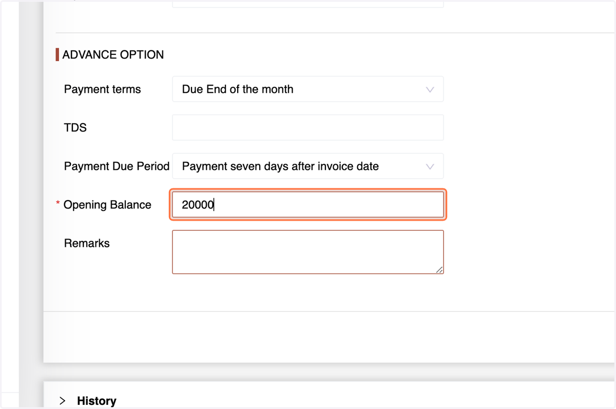 Opening Balance: If migrating from another system to the Number Accounting System, enter the opening balance, which will be included as due.