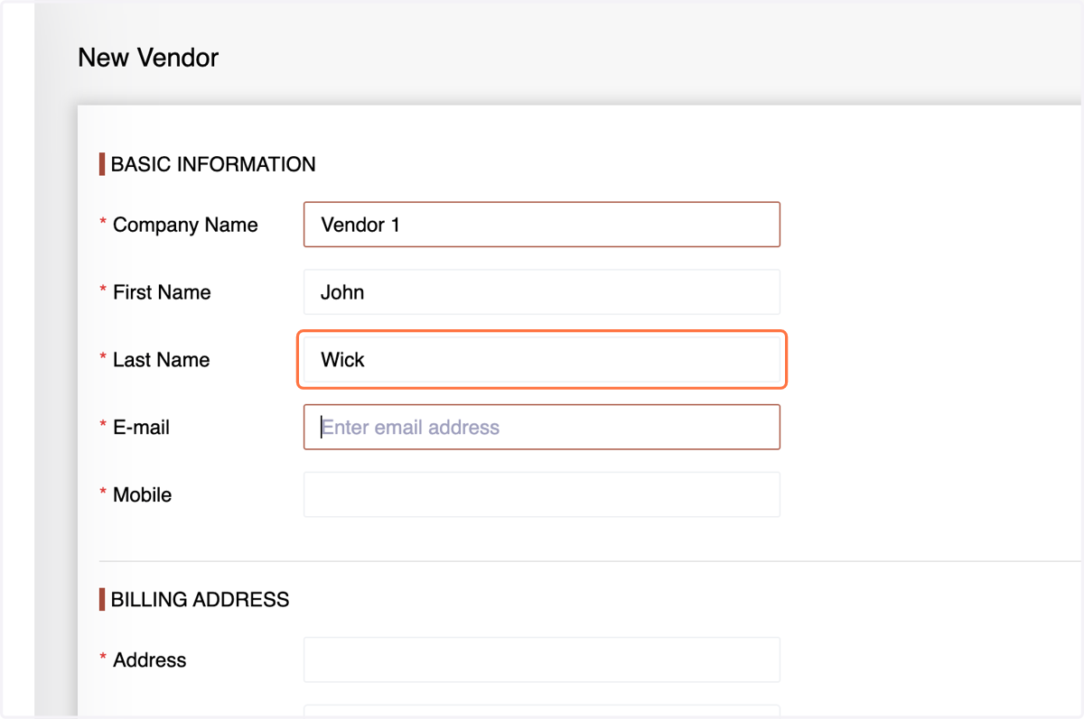 Last Name: Provide the last name of the person you are dealing with in the vendor's company.