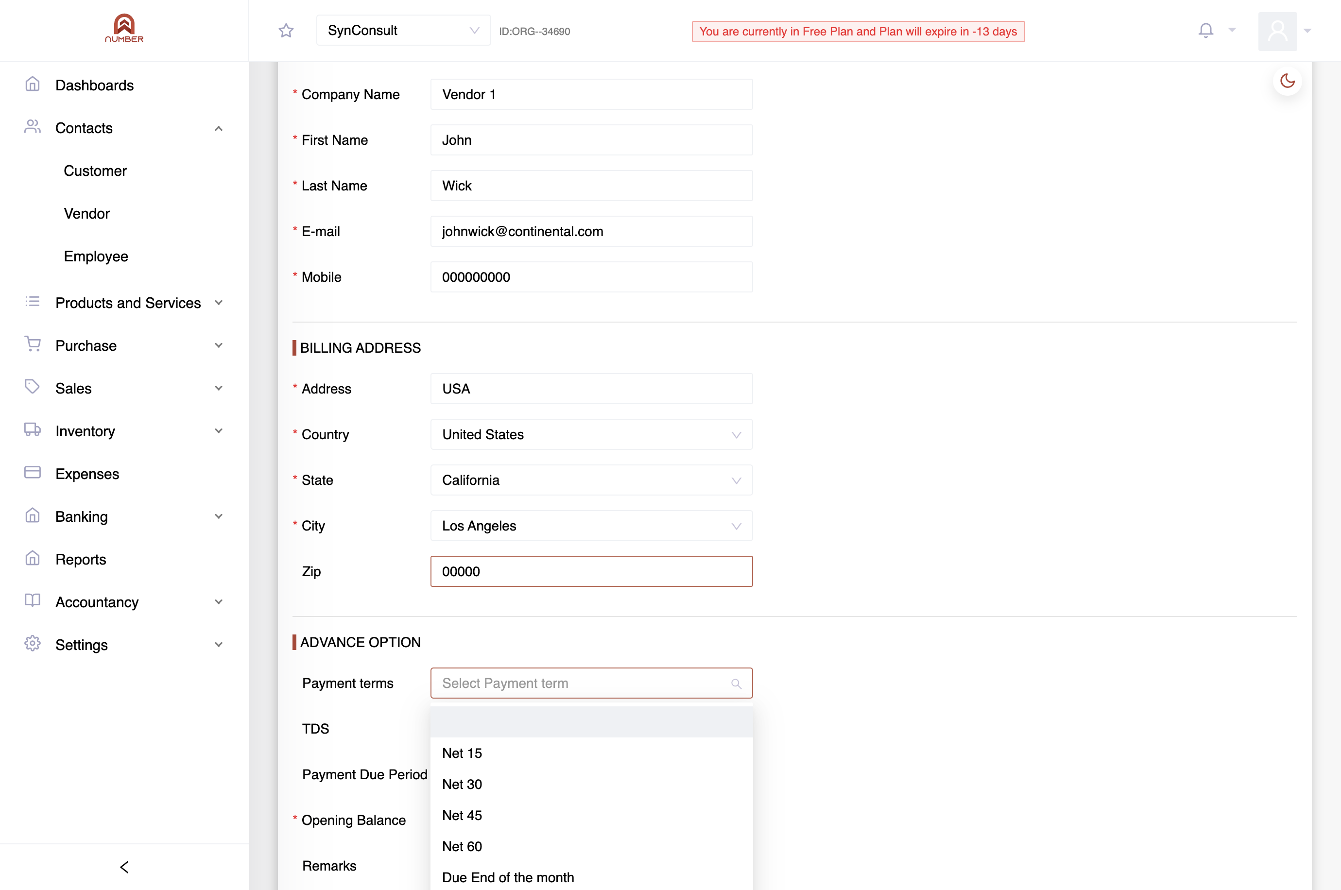 Payment Terms: Choose from options such as 15 Days Credit, 30 Days Credit, Due on Receipt, or other given terms.