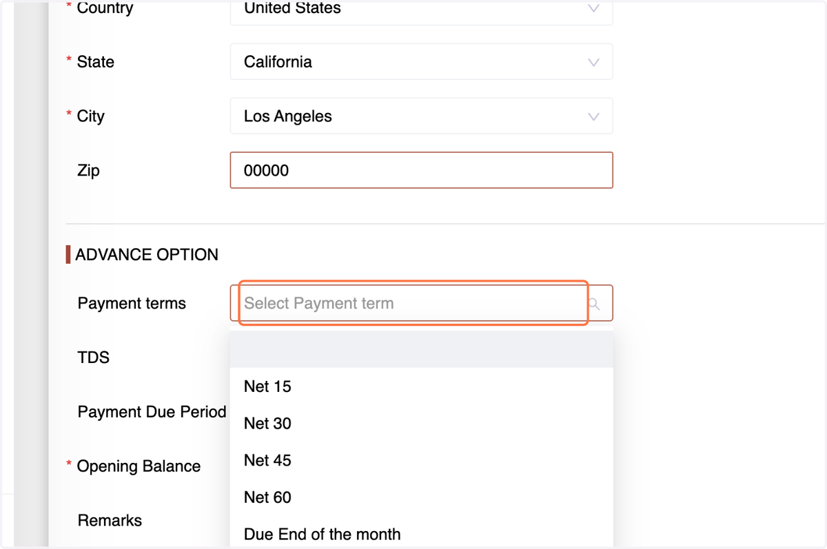 Payment Terms: Choose from options such as 15 Days Credit, 30 Days Credit, Due on Receipt, or other given terms.
