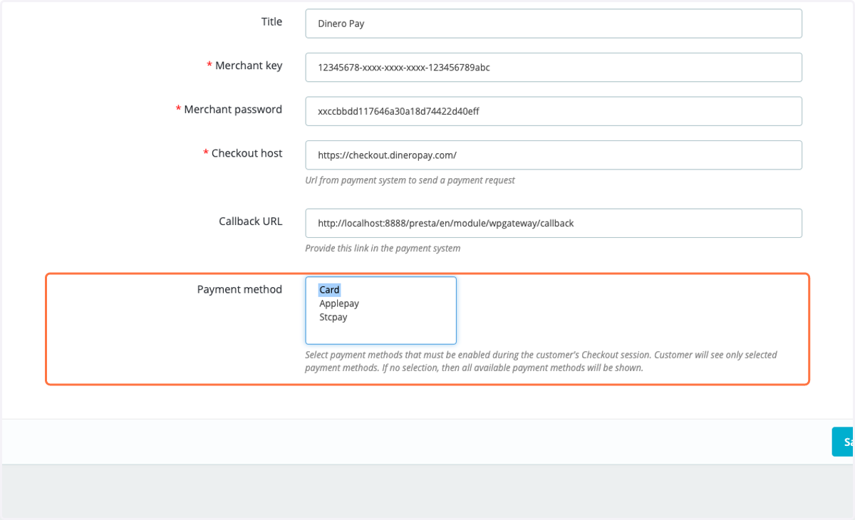Choose the desire payment methods to be displayed on the checkout page , or leave empty to display all the payment method enabled for you