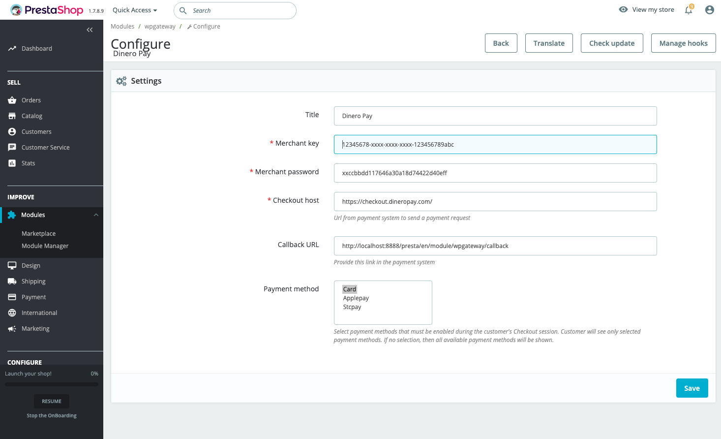 Add the merchant key which will be provided by Dinero Pay