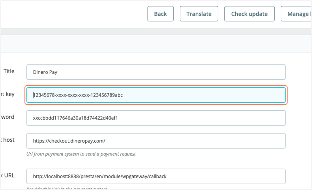 Add the merchant key which will be provided by Dinero Pay