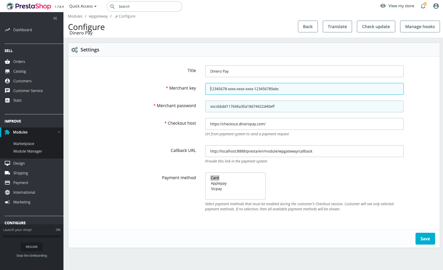 Add the password which will be provided by Dinero Pay