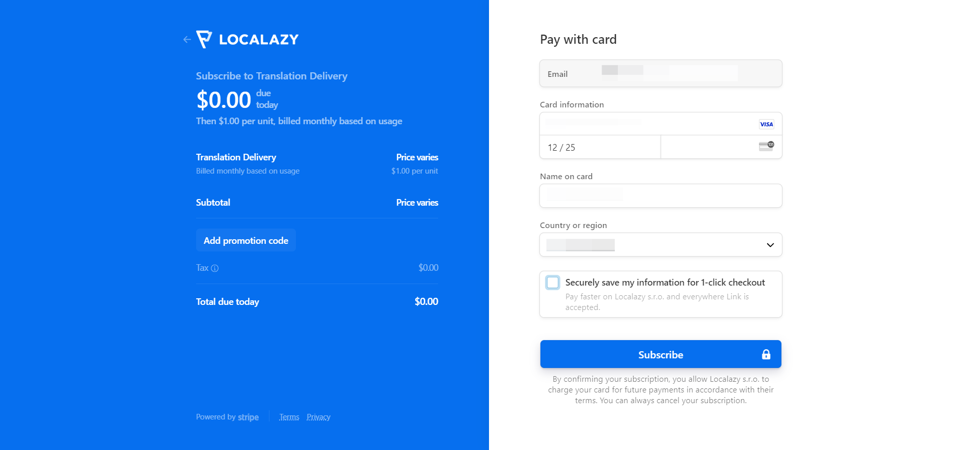 Fill in the payment card information