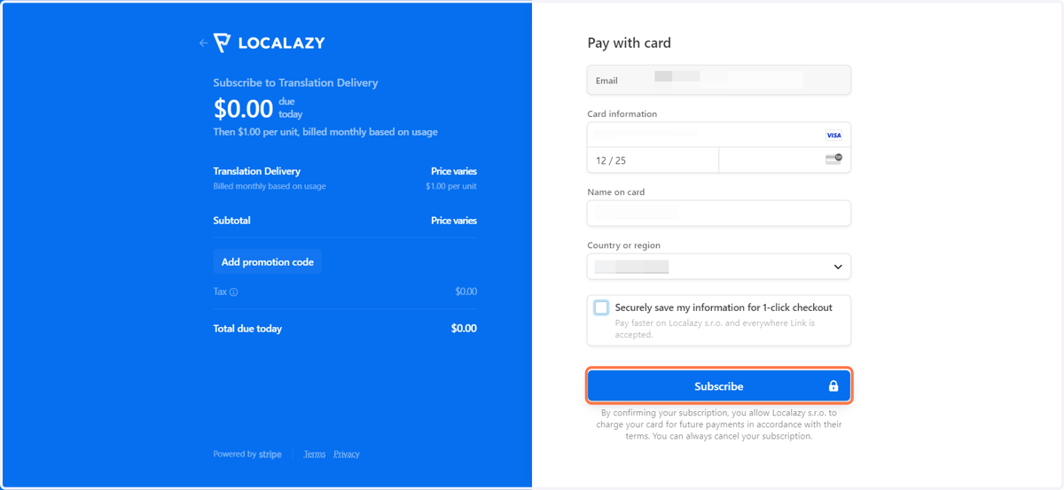 Fill in the payment card information