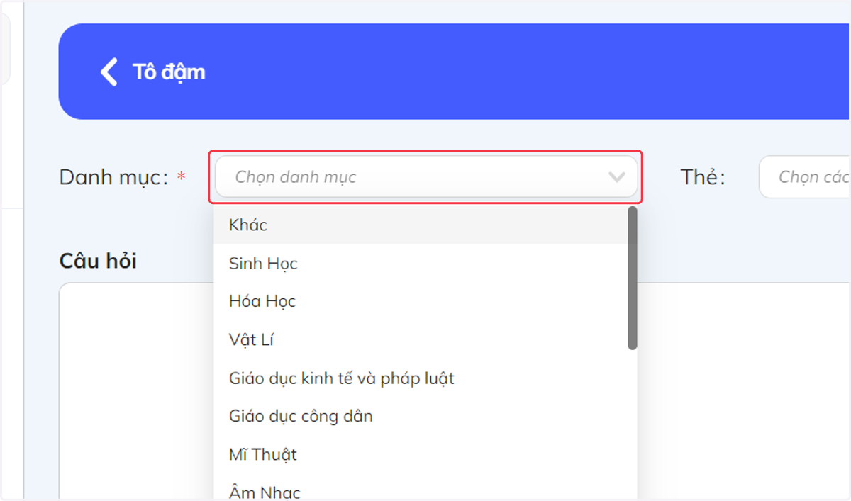 Nhấn vào "Danh mục". Sau đó chọn tên môn học tương ứng