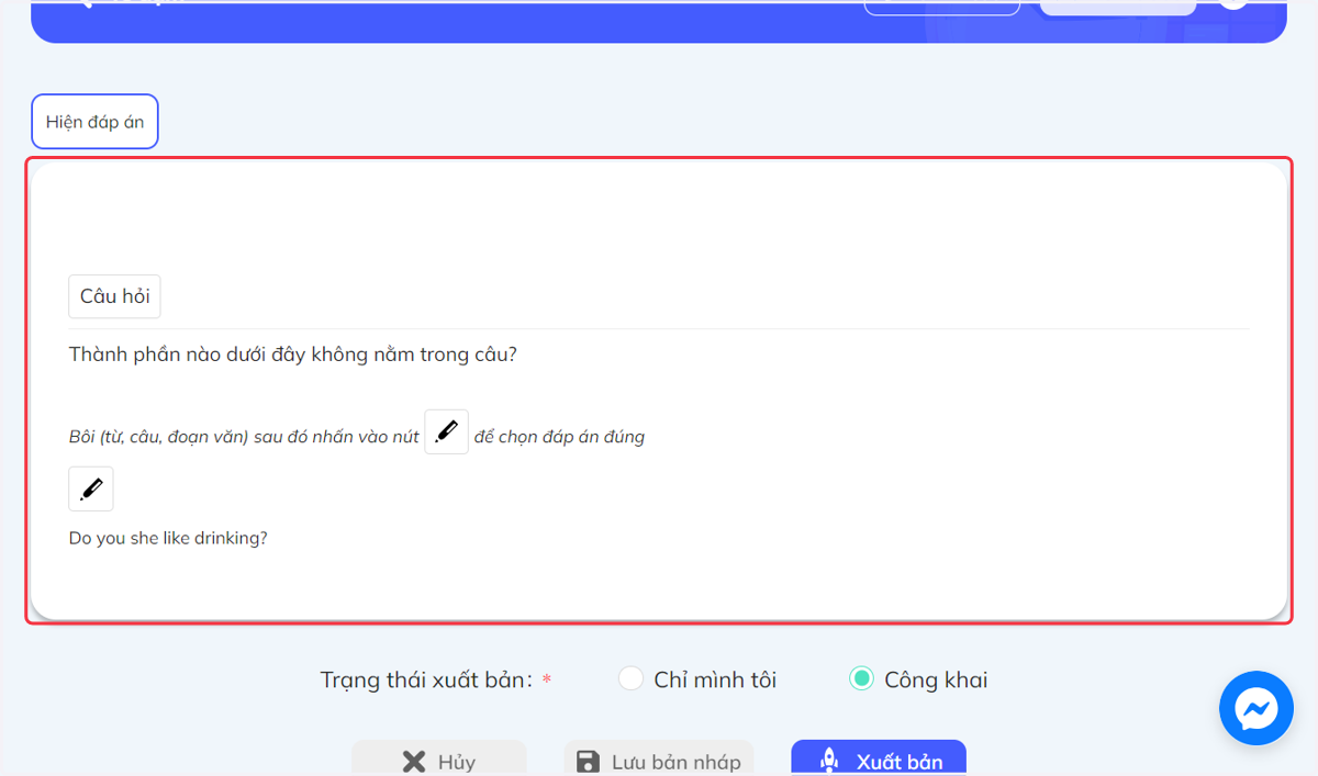 Bảng hiển thị câu hỏi