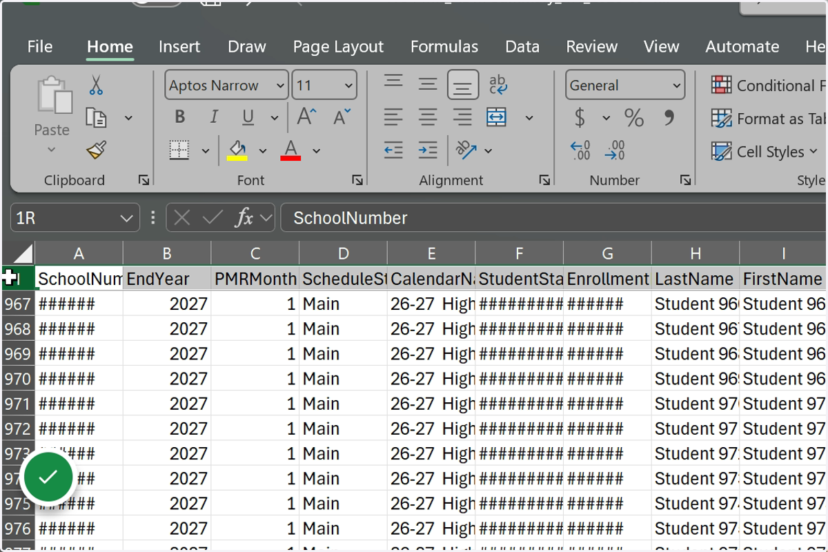 Open the Spreadsheet file and select the first row.