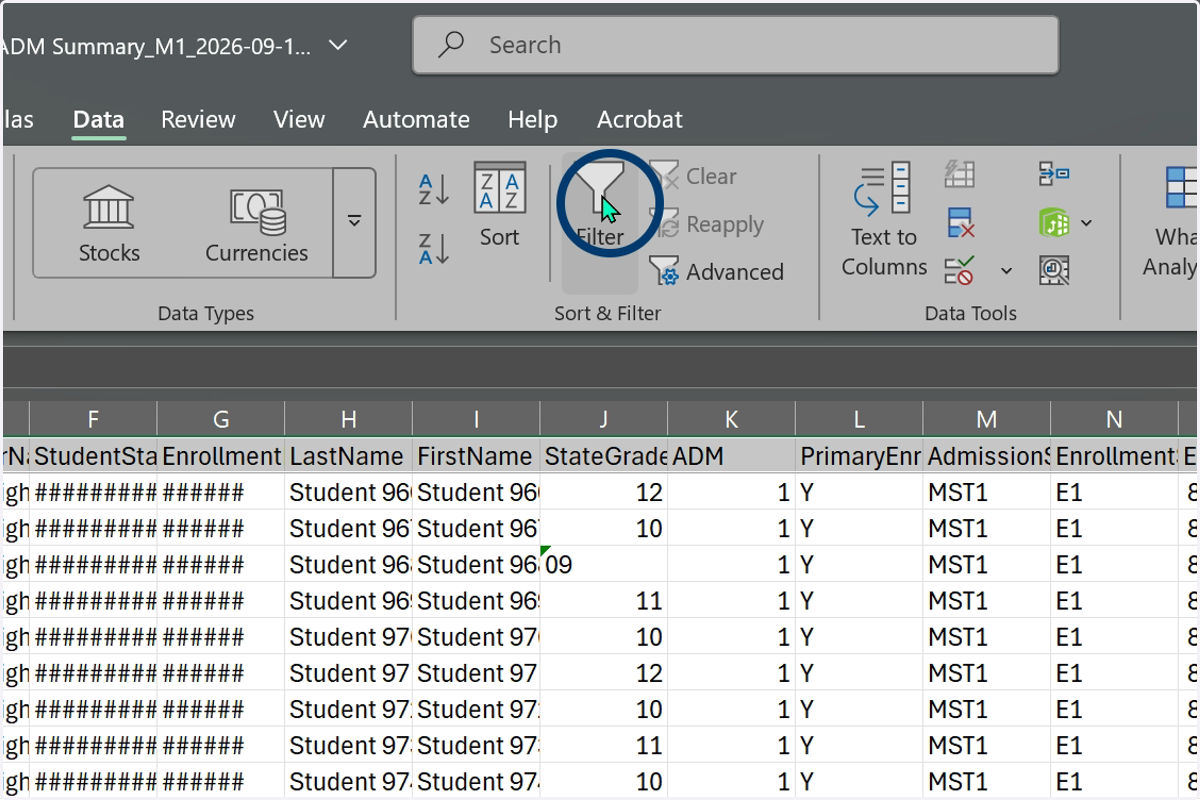 Select Filter to add a filter to the top row of data.